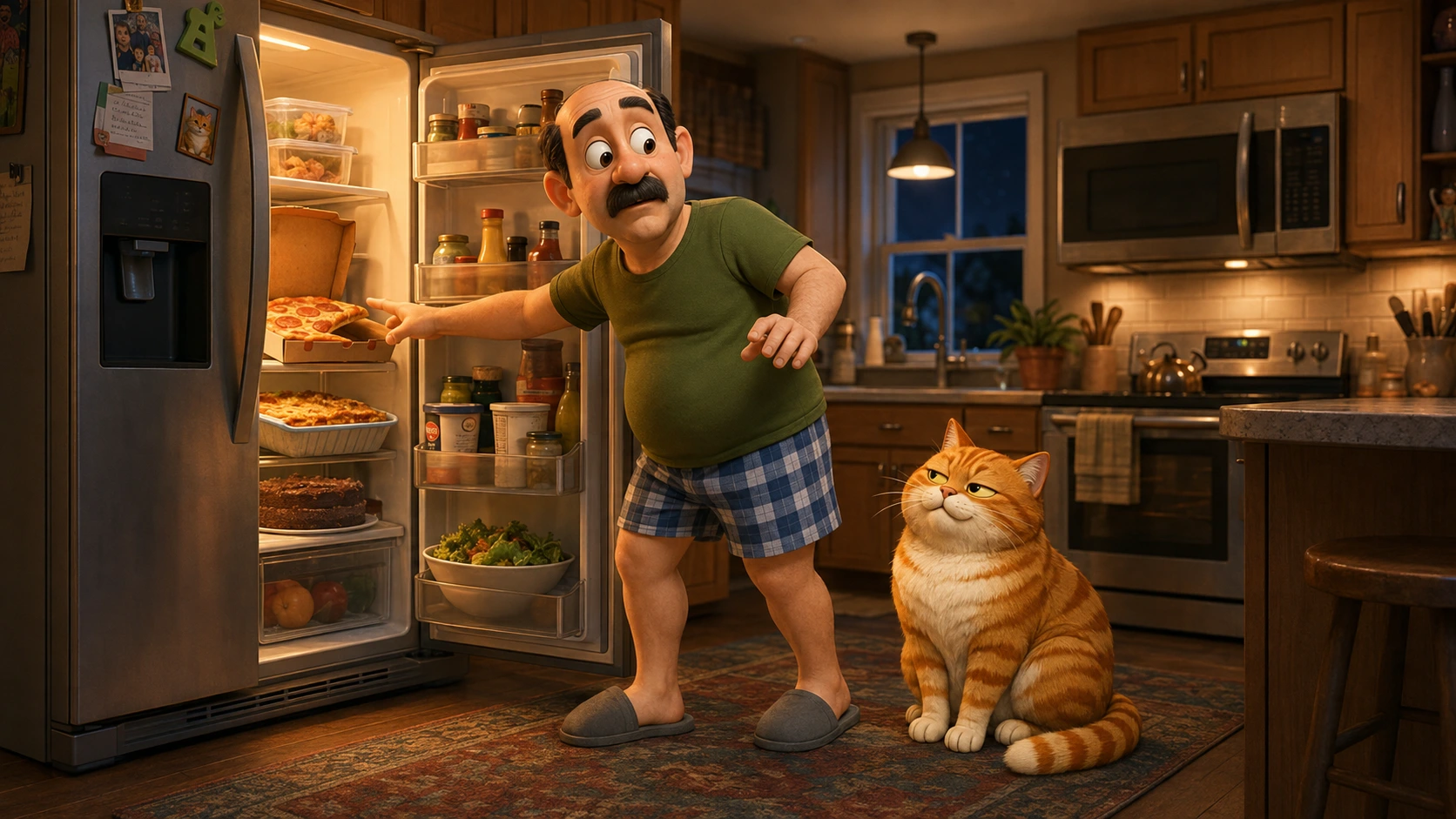 Michael reaches toward pizza in a glowing open refrigerator while Barnaby watches him in the family kitchen.