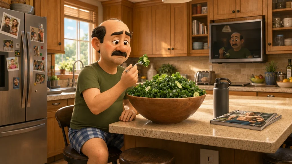 Michael studies an enormous bowl of kale with heroic determination in his sunny family kitchen.