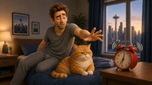 A sleepy John reaches toward a ringing alarm clock while Barnaby, his orange tabby cat, watches calmly from the bed.
