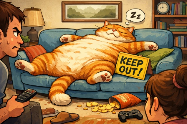 Funny illustrated scene of a lazy orange cat sprawled across an entire couch like a boss, blocking the seats while two frustrated humans stare at it, perfectly capturing “The Great Couch Blockade” moment of a pet acting like the real owner of the house.
