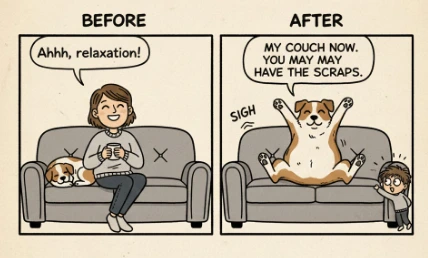 Funny lazy dog pushing its owner off the sofa.