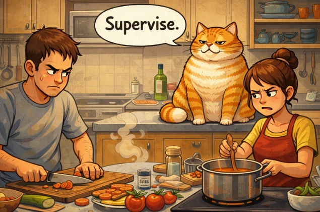 Cartoon illustration of a smug orange tabby cat sitting on a kitchen counter with a “Supervise” speech bubble, watching a frustrated couple as they cook, perfectly capturing the “Kitchen Supervisor Role” moment of a lazy pet acting like the real owner of the house.