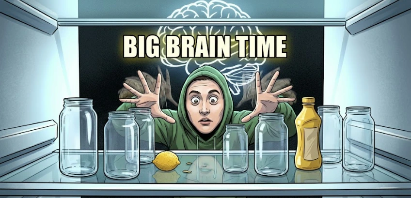 Funny kitchen humor meme showing a person rearranging empty fridge shelves