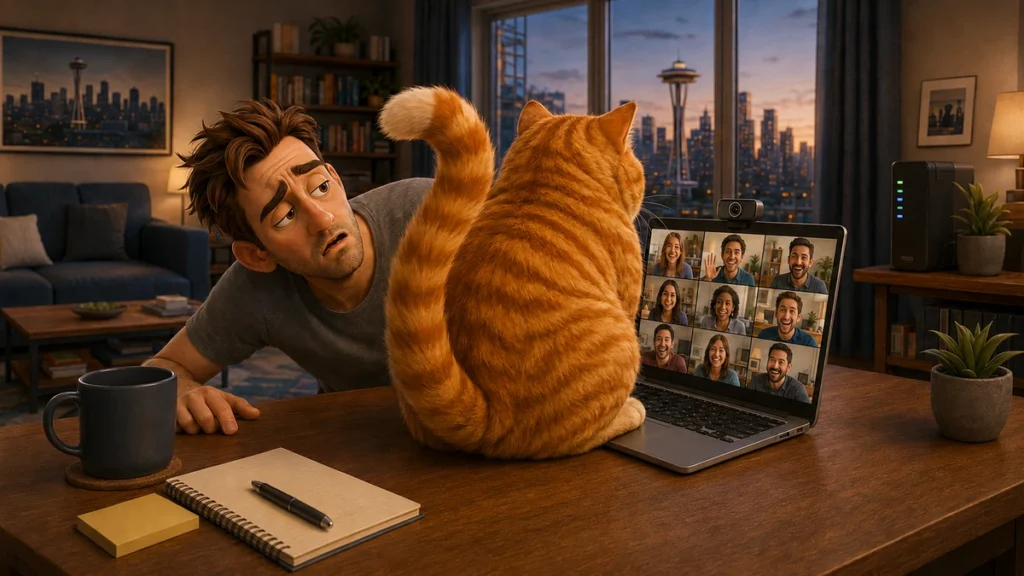 Barnaby the orange tabby blocks John’s camera during a Zoom call after the WiFi connection returns.