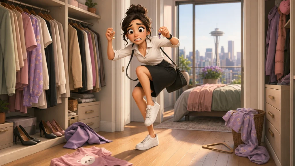 Emma struggles with mismatched earrings and work clothes after waking up late in her Seattle apartment.