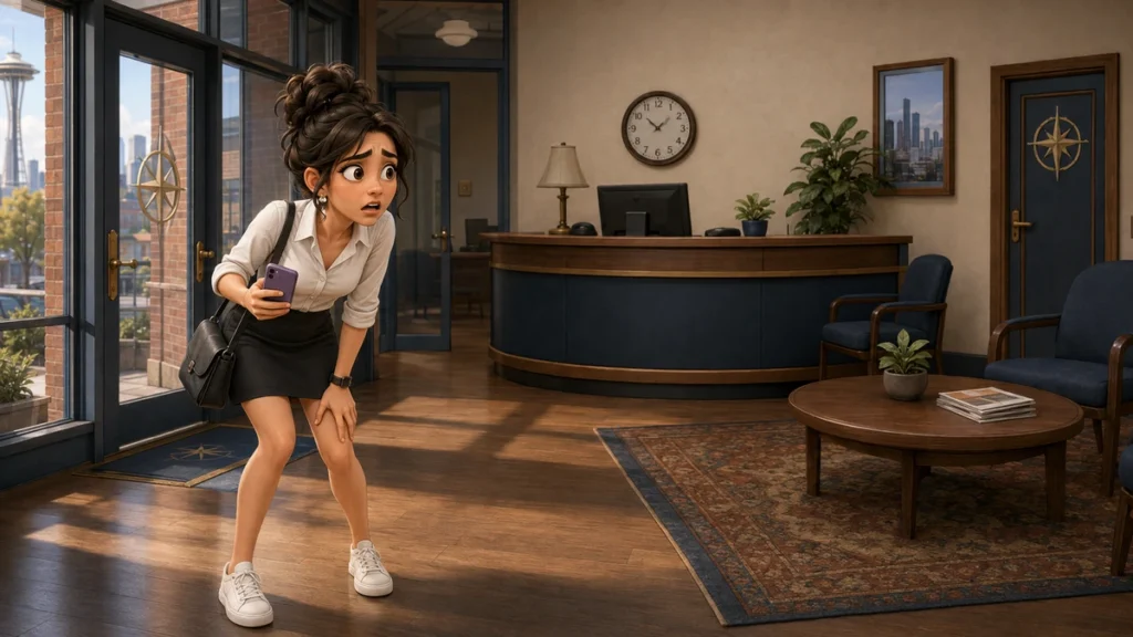 Emma arrives breathless at the empty Immigraships office before realizing it is Saturday.