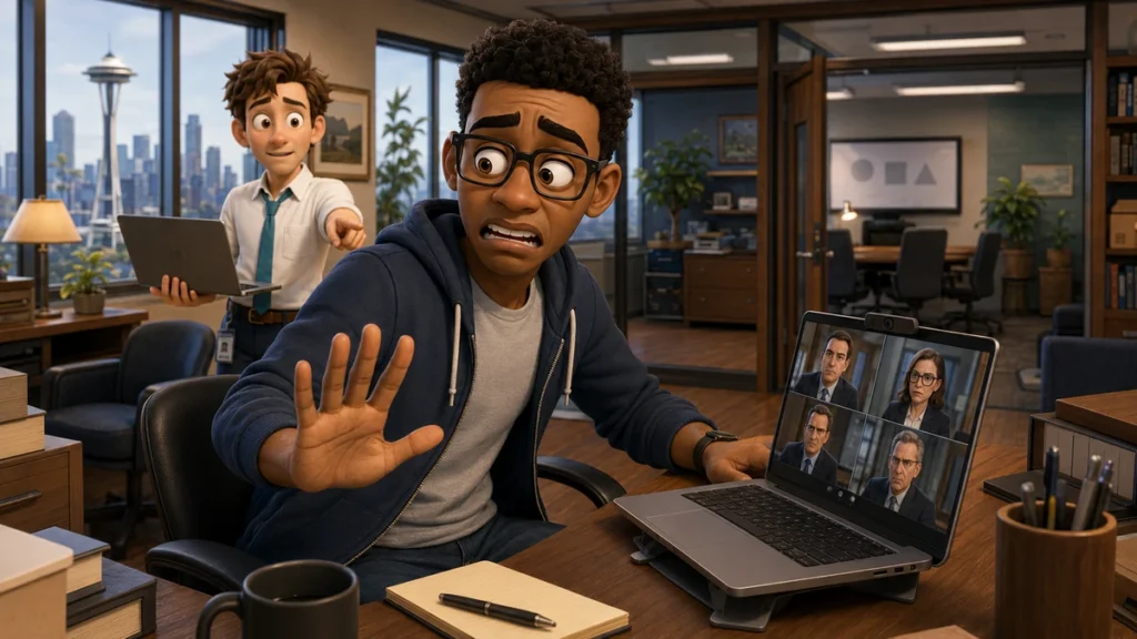 Alex frantically stops Ethan from exposing him during the wrong Zoom meeting.