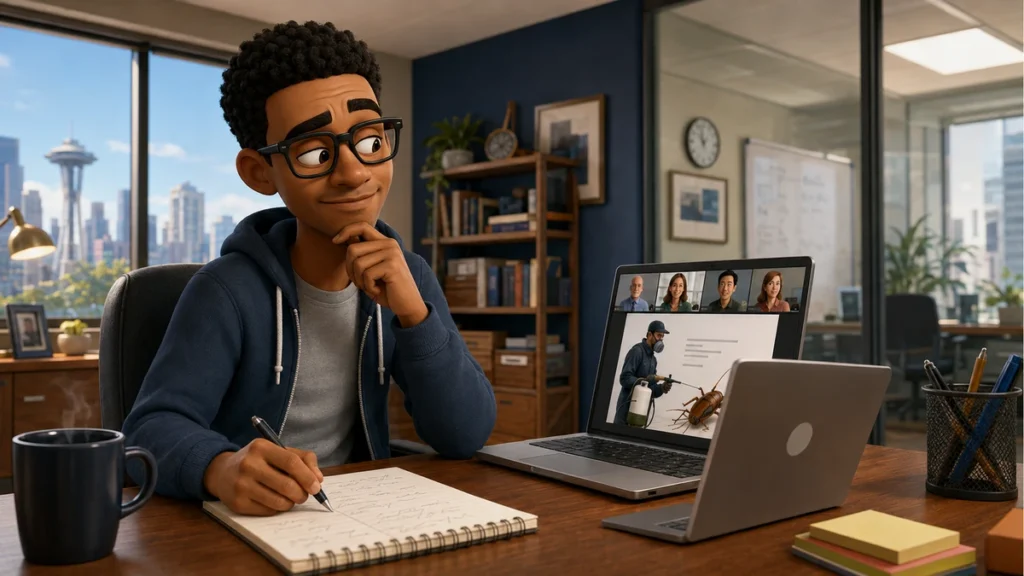 Alex pretends to understand a Zoom presentation while desperately searching for clues.