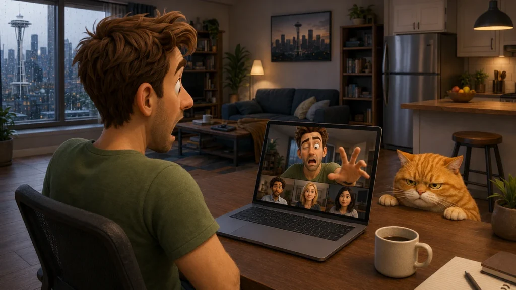 John’s video freezes in an embarrassing expression during an important Zoom presentation from his Seattle apartment.