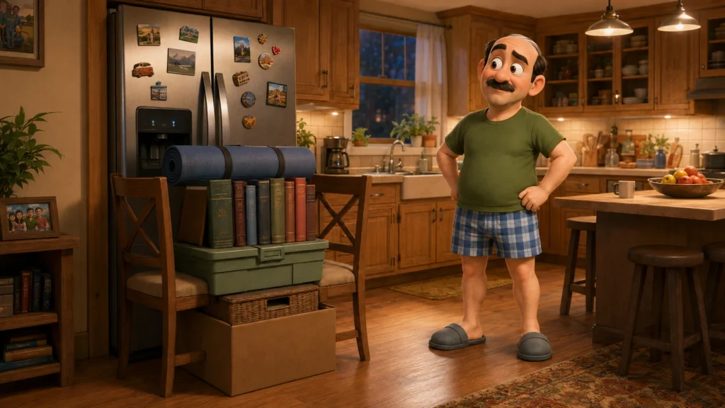 Michael proudly stands beside a comical barricade of chairs, boxes, books, and a yoga mat blocking his refrigerator.