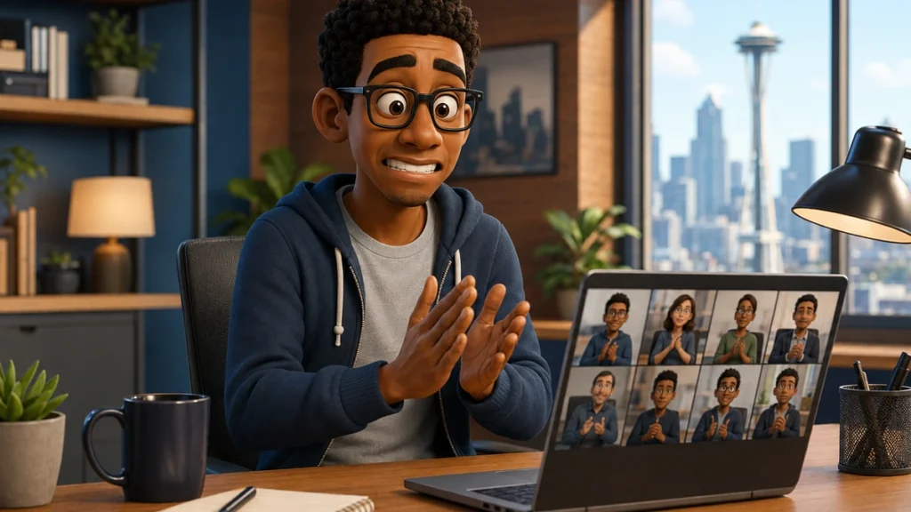 Alex keeps applauding after everyone else has stopped during the wrong Zoom meeting.
