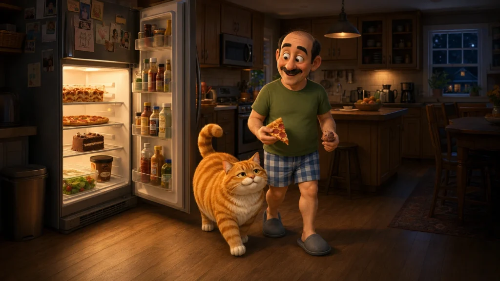 Michael carries pizza and ice cream away from the open refrigerator while Barnaby follows expectantly at midnight.