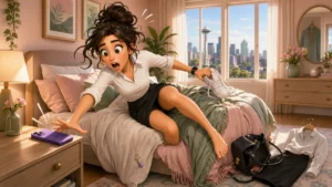 Emma panics after she overslept in her Seattle apartment and mistakenly believes she is late for work.