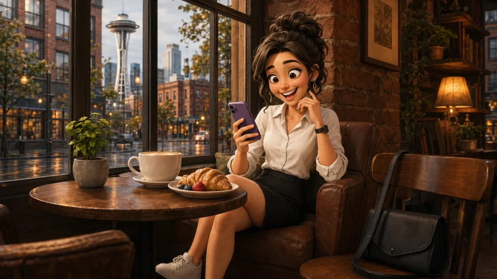 Emma laughs over coffee at the Downtown Coffee Shop after reclaiming the Saturday she nearly missed.