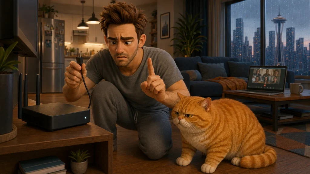 John desperately resets the WiFi router while Barnaby observes the technical crisis beside him.