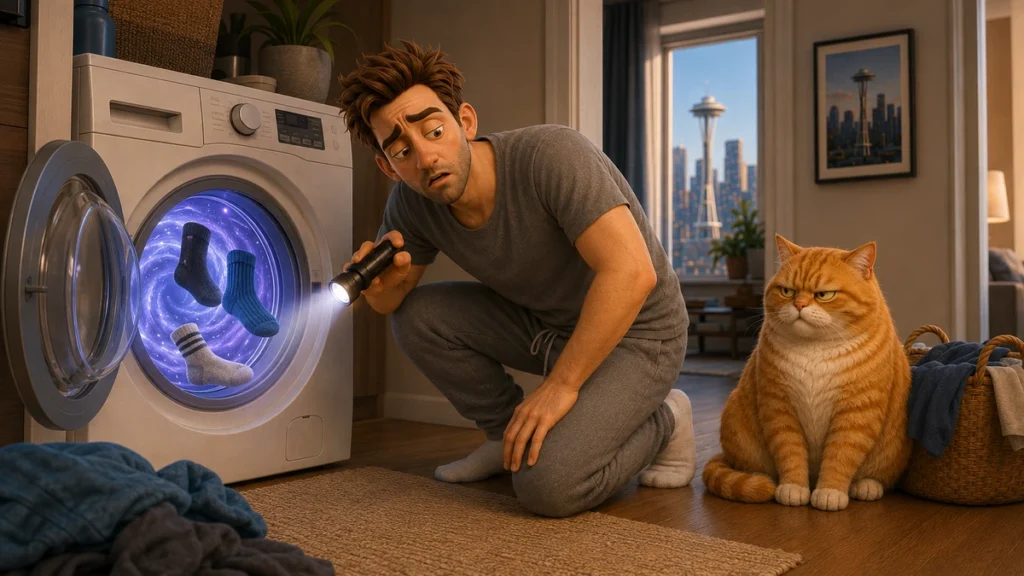 John discovers an imaginary single-sock portal inside his washing machine as Barnaby watches.