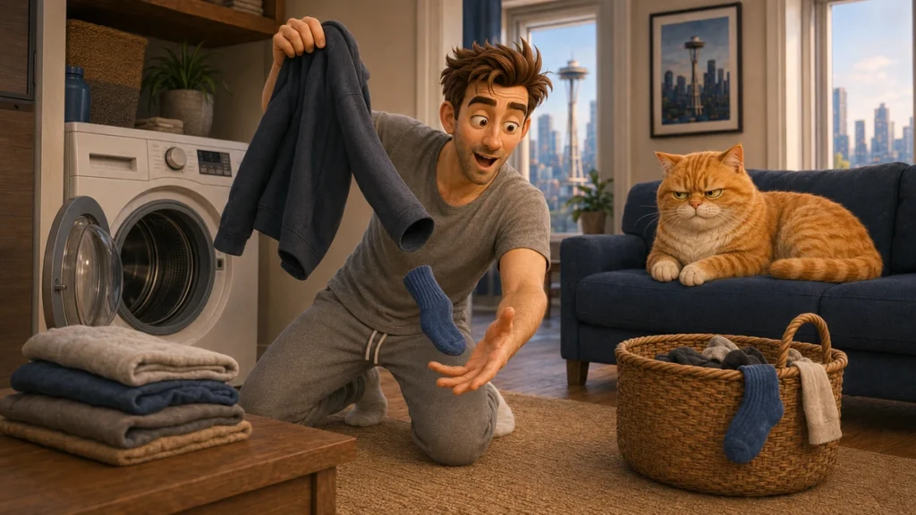 John catches a missing blue sock falling from a hoodie sleeve while Barnaby watches from the sofa.