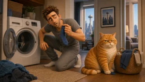 John investigates a missing blue sock beside the washing machine while Barnaby looks suspicious.