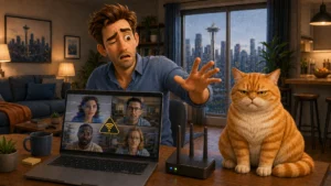John panics during a glitching video call while Barnaby watches judgmentally beside the WiFi router in their Seattle apartment.