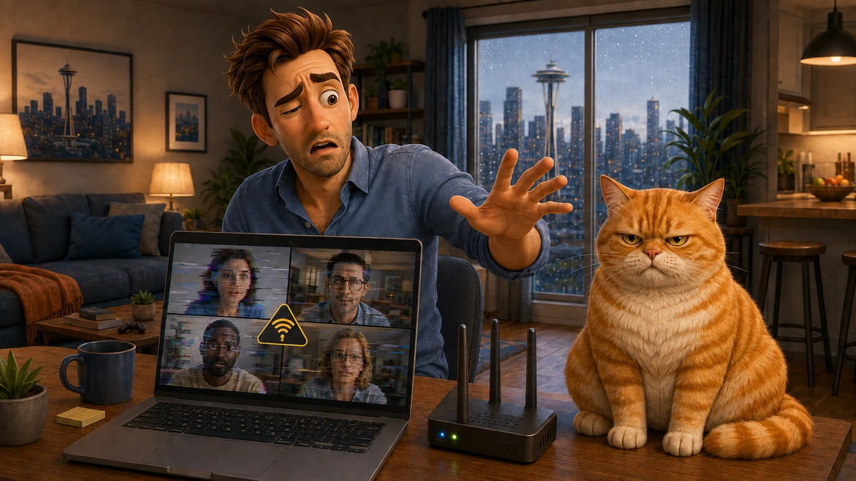 John panics during a glitching video call while Barnaby watches judgmentally beside the WiFi router in their Seattle apartment.