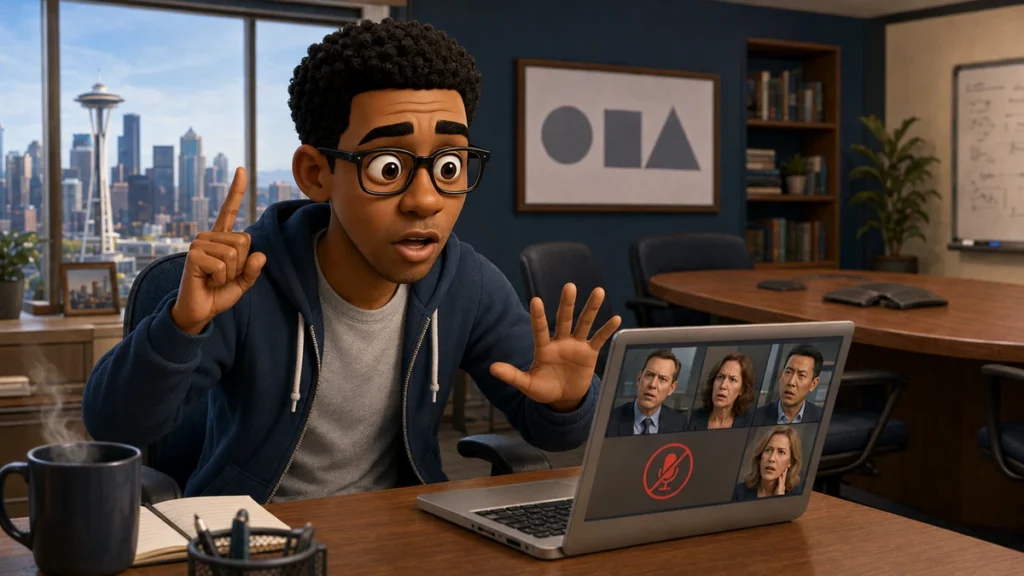 Alex performs an elaborate silent answer while muted during the wrong Zoom meeting.