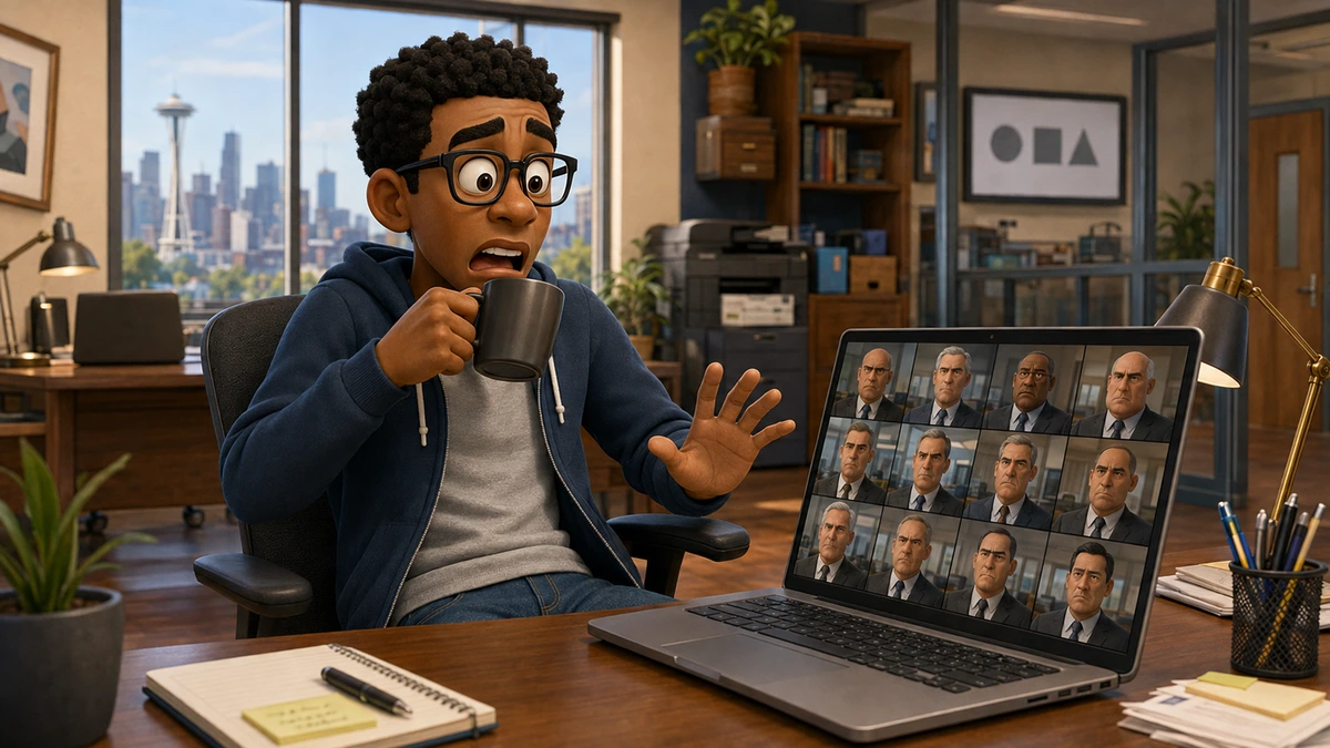 Alex realizes he has joined the wrong Zoom meeting while twelve serious executives watch him.